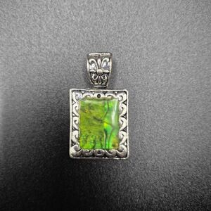 Vintage Abalone Shell Pendant Rectangular Silver Tone Frame Boho Necklace Charm